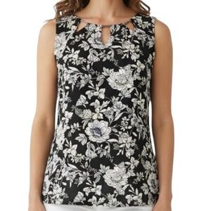 NWT WHBM Black & White Floral Sleeveless Cutout Detail Blouse Size Large